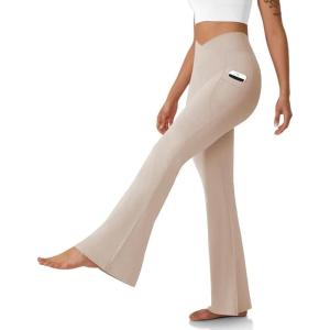 imageWomens Flare Leggings with PocketsCrossover High Waisted Bootcut Yoga PantsTummy Control Bell Bottom LeggingsKhaki
