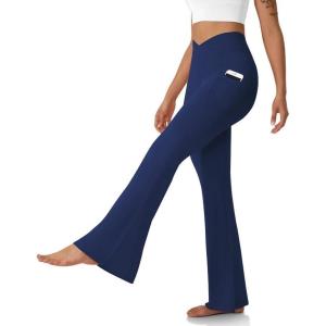 imageWomens Flare Leggings with PocketsCrossover High Waisted Bootcut Yoga PantsTummy Control Bell Bottom LeggingsNavy