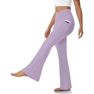 imageWomens Flare Leggings with PocketsCrossover High Waisted Bootcut Yoga PantsTummy Control Bell Bottom LeggingsPurple