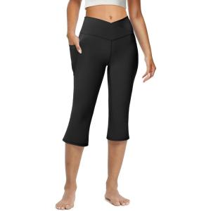 imageWomens Flare Leggings with PocketsCrossover High Waisted Bootcut Yoga PantsTummy Control Bell Bottom LeggingsZblackcapris