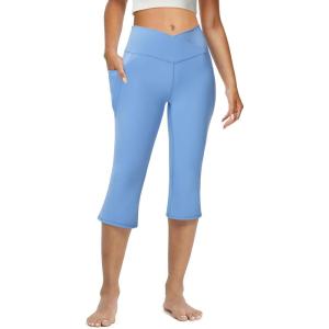 imageWomens Flare Leggings with PocketsCrossover High Waisted Bootcut Yoga PantsTummy Control Bell Bottom LeggingsZbluecapris