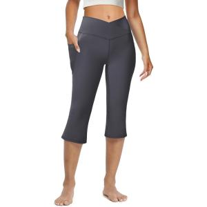 imageWomens Flare Leggings with PocketsCrossover High Waisted Bootcut Yoga PantsTummy Control Bell Bottom LeggingsZdark Graycapris