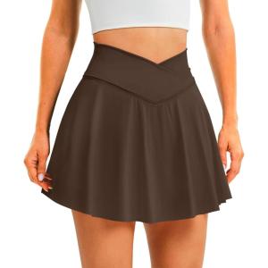imageWomens Tennis Skirt with Pockets Shorts Crossover High Waisted Athletic Skorts Skirts for Golf Running WorkoutBrown