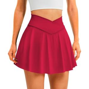 imageWomens Tennis Skirt with Pockets Shorts Crossover High Waisted Athletic Skorts Skirts for Golf Running WorkoutRed