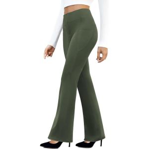 imageWomens Work Pants Business Casual Pants High Waisted Yoga Flare Leggings with Pockets Dress Slacks Tummy ControlArmy Green