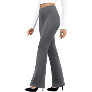 imageWomens Work Pants Business Casual Pants High Waisted Yoga Flare Leggings with Pockets Dress Slacks Tummy ControlDark Gery