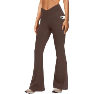 imageWomens Yoga Pants with Pockets No Front Seam Crossover High Waisted Flare Leggings Tummy Control Bootcut PantsBrown