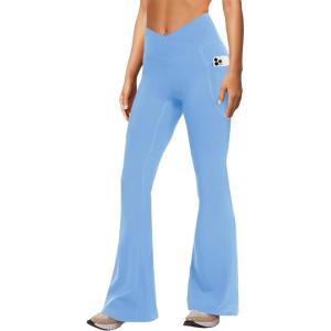imageWomens Yoga Pants with Pockets No Front Seam Crossover High Waisted Flare Leggings Tummy Control Bootcut PantsLight Blue