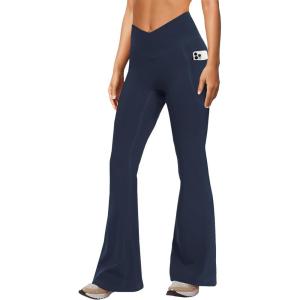imageWomens Yoga Pants with Pockets No Front Seam Crossover High Waisted Flare Leggings Tummy Control Bootcut PantsNavy Blue