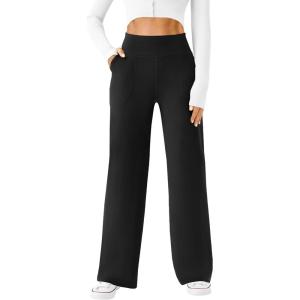 imageWomens Wide Leg Yoga Pants Casual Work Dress Pants Lounge Sweatpants High Waist Comfy Loose Trousers with PocketsBlack