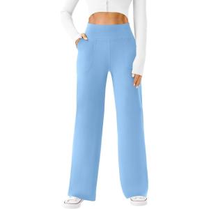 imageWomens Wide Leg Yoga Pants Casual Work Dress Pants Lounge Sweatpants High Waist Comfy Loose Trousers with PocketsBlue