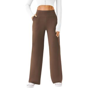 imageWomens Wide Leg Yoga Pants Casual Work Dress Pants Lounge Sweatpants High Waist Comfy Loose Trousers with PocketsBrown