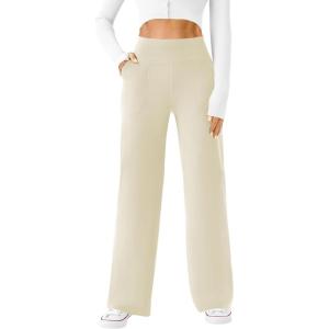 imageWomens Wide Leg Yoga Pants Casual Work Dress Pants Lounge Sweatpants High Waist Comfy Loose Trousers with PocketsKhaki