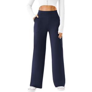 imageWomens Wide Leg Yoga Pants Casual Work Dress Pants Lounge Sweatpants High Waist Comfy Loose Trousers with PocketsNavy