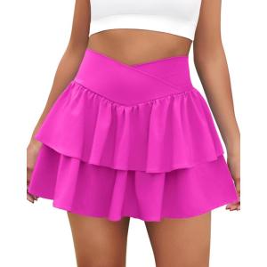 imageWomens Ruffle Tennis Skirt with Shorts Pockets Athletic Crossover Layered Skorts Golf RunningHot Pink