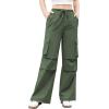 imageWomens Cargo Pants Elastic Waist Wide Leg Parachute Pants with 4 Pockets Baggy Casual Trousers Travel Y2K WaterproofArmy Green
