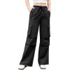 imageWomens Cargo Pants Elastic Waist Wide Leg Parachute Pants with 4 Pockets Baggy Casual Trousers Travel Y2K WaterproofBlack