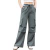 imageWomens Cargo Pants Elastic Waist Wide Leg Parachute Pants with 4 Pockets Baggy Casual Trousers Travel Y2K WaterproofDark Gray