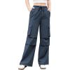 imageWomens Cargo Pants Elastic Waist Wide Leg Parachute Pants with 4 Pockets Baggy Casual Trousers Travel Y2K WaterproofNavy Blue