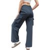 imageWomens Cargo Pants Elastic Waist Wide Leg Parachute Pants with 4 Pockets Baggy Casual Trousers Travel Y2K WaterproofNavy Blue
