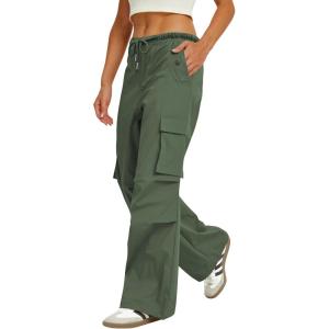 imageWomens Cargo Pants Elastic Waist Wide Leg Parachute Pants with 4 Pockets Baggy Casual Trousers Travel Y2K WaterproofArmy Green