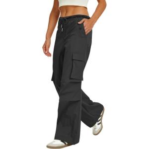 imageWomens Cargo Pants Elastic Waist Wide Leg Parachute Pants with 4 Pockets Baggy Casual Trousers Travel Y2K WaterproofBlack