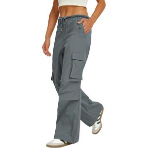 imageWomens Cargo Pants Elastic Waist Wide Leg Parachute Pants with 4 Pockets Baggy Casual Trousers Travel Y2K WaterproofDark Gray