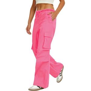 imageWomens Cargo Pants Elastic Waist Wide Leg Parachute Pants with 4 Pockets Baggy Casual Trousers Travel Y2K WaterproofHot Pink