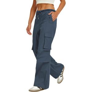 imageWomens Cargo Pants Elastic Waist Wide Leg Parachute Pants with 4 Pockets Baggy Casual Trousers Travel Y2K WaterproofNavy Blue