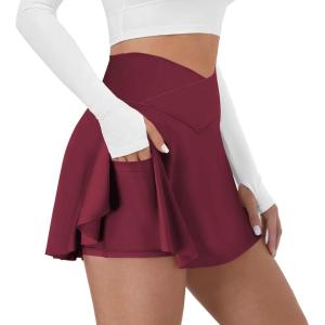 imageTennis Skirt for Women with Pockets Shorts Crossover High Waisted Athletic Golf Skorts Running Workout Skirts 2 in 1Wine Red