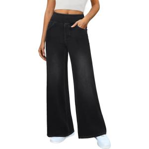 imageWomens Wide Leg Jeans High Waisted Stretchy Denim Pants Elastic Waist Pull On Sweatpant Jeans Trendy Baggy LooseBlack
