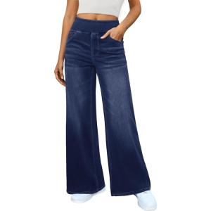 imageWomens Wide Leg Jeans High Waisted Stretchy Denim Pants Elastic Waist Pull On Sweatpant Jeans Trendy Baggy LooseDark Blue