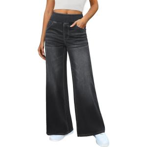 imageWomens Wide Leg Jeans High Waisted Stretchy Denim Pants Elastic Waist Pull On Sweatpant Jeans Trendy Baggy LooseDark Grey