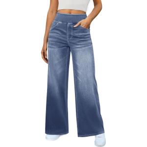 imageWomens Wide Leg Jeans High Waisted Stretchy Denim Pants Elastic Waist Pull On Sweatpant Jeans Trendy Baggy LooseLight Blue