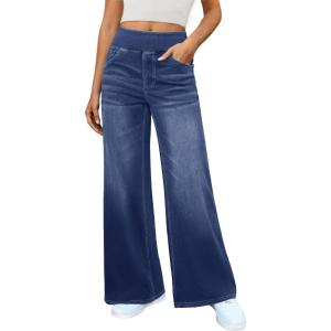 imageWomens Wide Leg Jeans High Waisted Stretchy Denim Pants Elastic Waist Pull On Sweatpant Jeans Trendy Baggy LooseMedium Blue