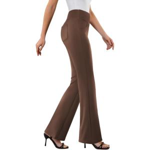 imageWomens Dress Pants Stretchy Work Pants Business Casual Office Trousers Pull On Flare Slacks with 4 PocketsBrown