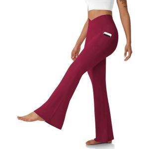 imageWomens Flare Leggings with PocketsCrossover High Waisted Bootcut Yoga PantsTummy Control Bell Bottom LeggingsBurgundy