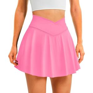 imageWomens Tennis Skirt with Pockets Shorts Crossover High Waisted Athletic Skorts Skirts for Golf Running WorkoutDeep Pink