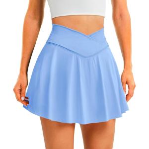 imageWomens Tennis Skirt with Pockets Shorts Crossover High Waisted Athletic Skorts Skirts for Golf Running WorkoutSky Blue