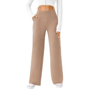 imageWomens Wide Leg Yoga Pants Casual Work Dress Pants Lounge Sweatpants High Waist Comfy Loose Trousers with PocketsTaupe