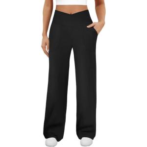 imageWomens Wide Leg Yoga Pants Crossover Work Dress Pants Lounge Sweatpants Casual Trousers with PocketsBlack