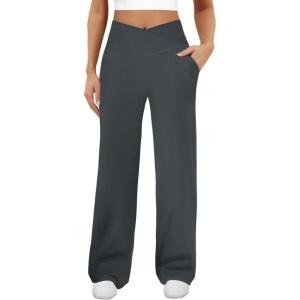 imageWomens Wide Leg Yoga Pants Crossover Work Dress Pants Lounge Sweatpants Casual Trousers with PocketsGrey