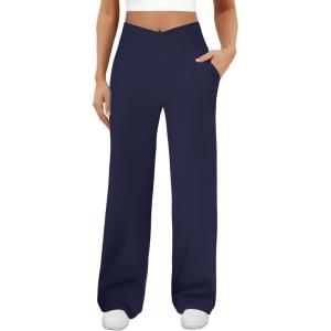 imageWomens Wide Leg Yoga Pants Crossover Work Dress Pants Lounge Sweatpants Casual Trousers with PocketsNavy Blue