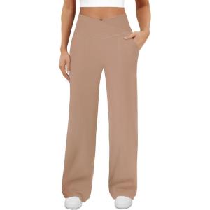 imageWomens Wide Leg Yoga Pants Crossover Work Dress Pants Lounge Sweatpants Casual Trousers with PocketsWarm Taupe