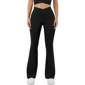 imageWomens Yoga Pants V Crossover Flare Leggings with Pockets Flared Bootcut Bell Bottoms Workout Pants GymBlack