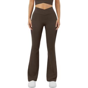 imageWomens Yoga Pants V Crossover Flare Leggings with Pockets Flared Bootcut Bell Bottoms Workout Pants GymBrown