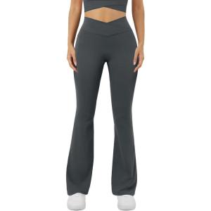 imageWomens Yoga Pants V Crossover Flare Leggings with Pockets Flared Bootcut Bell Bottoms Workout Pants GymDark Grey