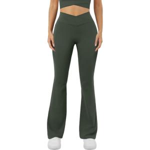 imageWomens Yoga Pants V Crossover Flare Leggings with Pockets Flared Bootcut Bell Bottoms Workout Pants GymOlive Green