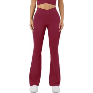 imageWomens Yoga Pants V Crossover Flare Leggings with Pockets Flared Bootcut Bell Bottoms Workout Pants GymWine Red