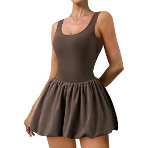 imageWomens Bubble Hem Tennis Dress U Neck Sleeveless Athletic Dress Built in Shorts with Pockets GolfBrown
